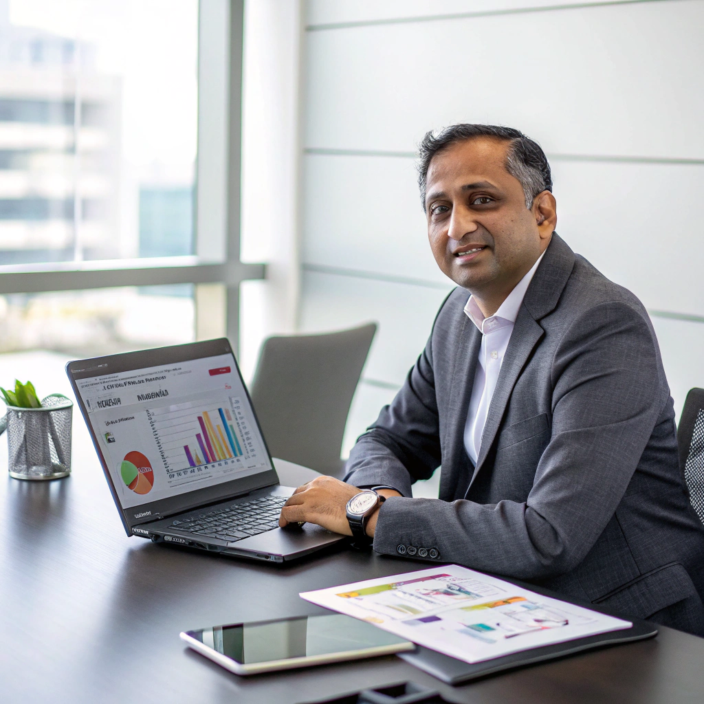 Sunil Singh reviewing hotel revenue data on a professional dashboard