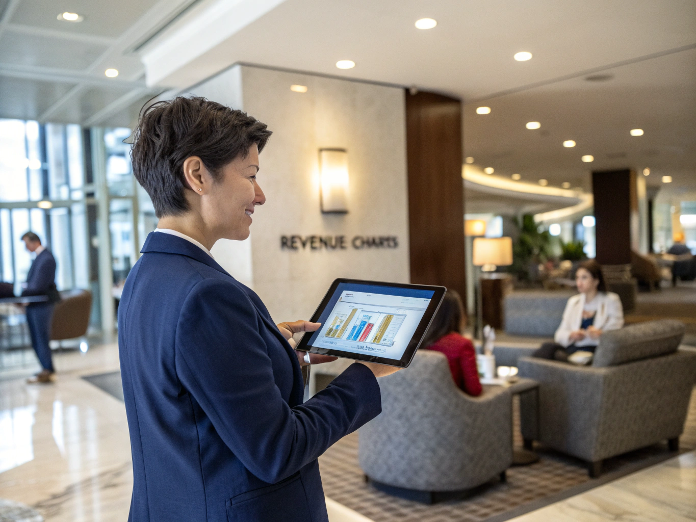 Hotel manager reviewing revenue report and market data