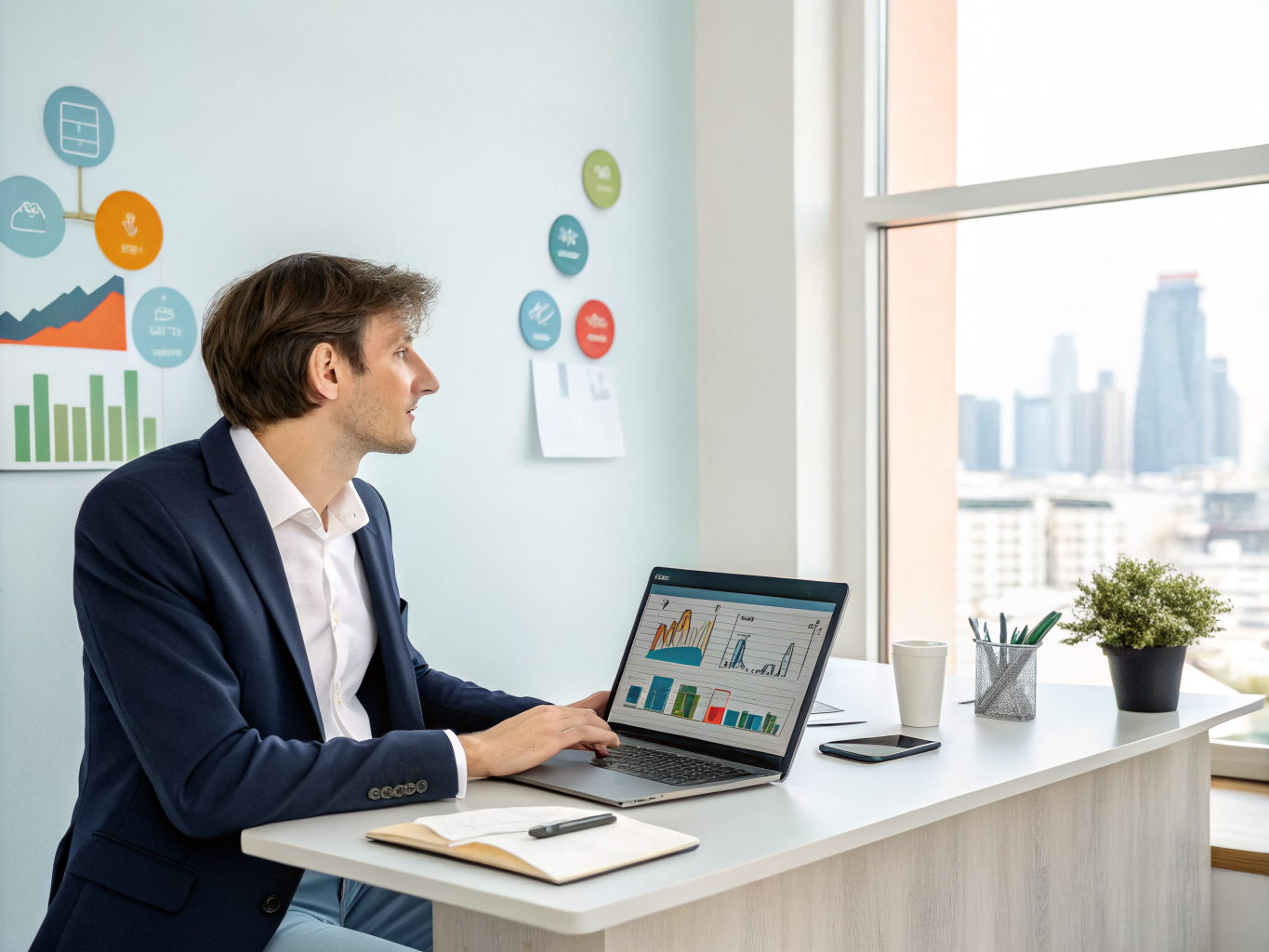 A hotel manager looking at complex revenue data on a laptop screen