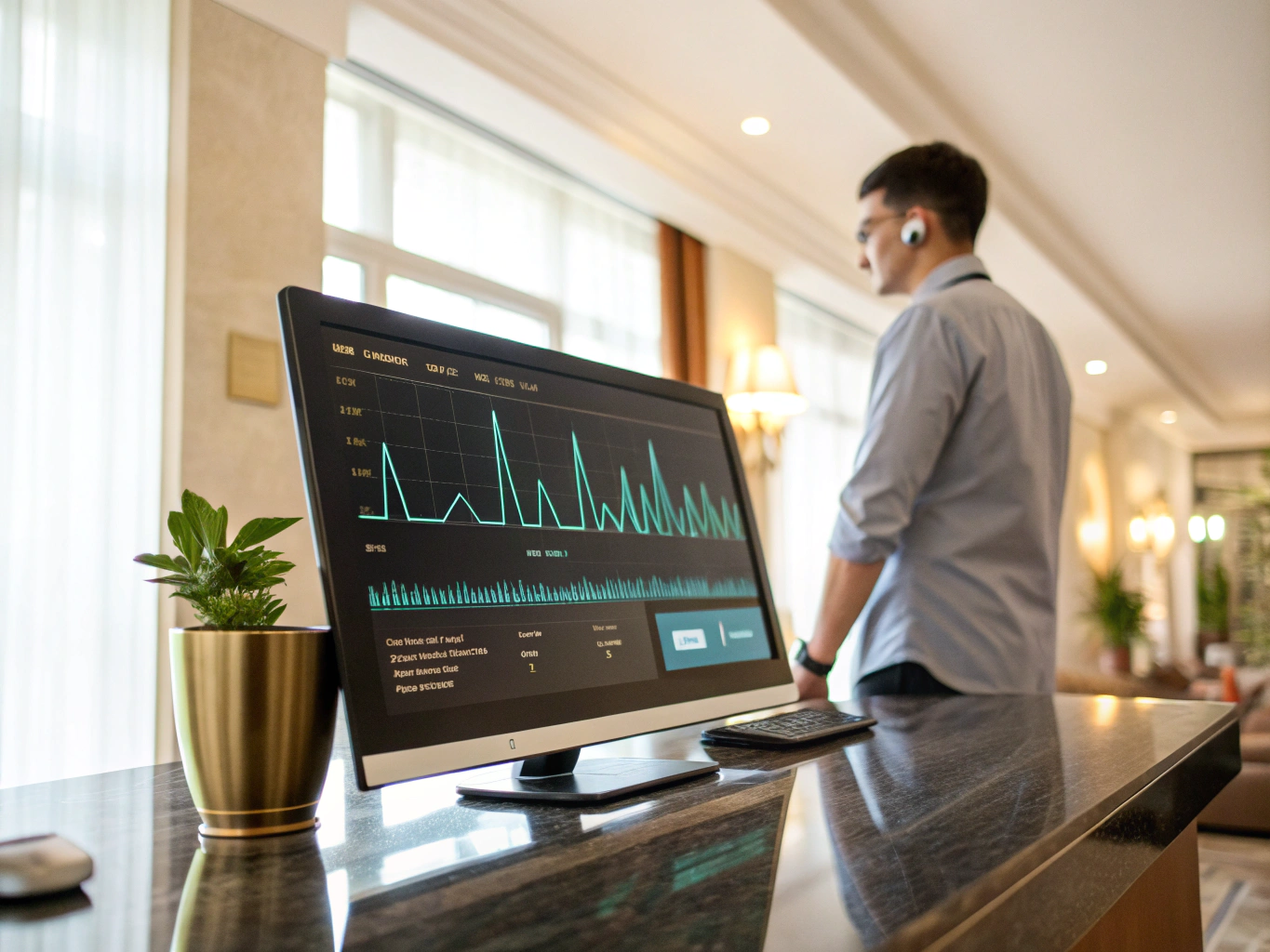 Revenue manager analyzing hotel performance data on a digital dashboard
