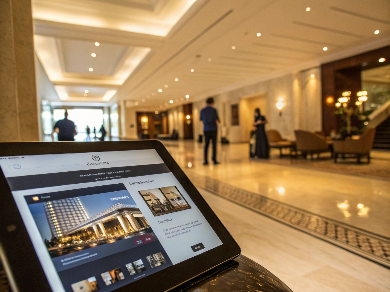 Direct booking engine interface on luxury hotel tablet