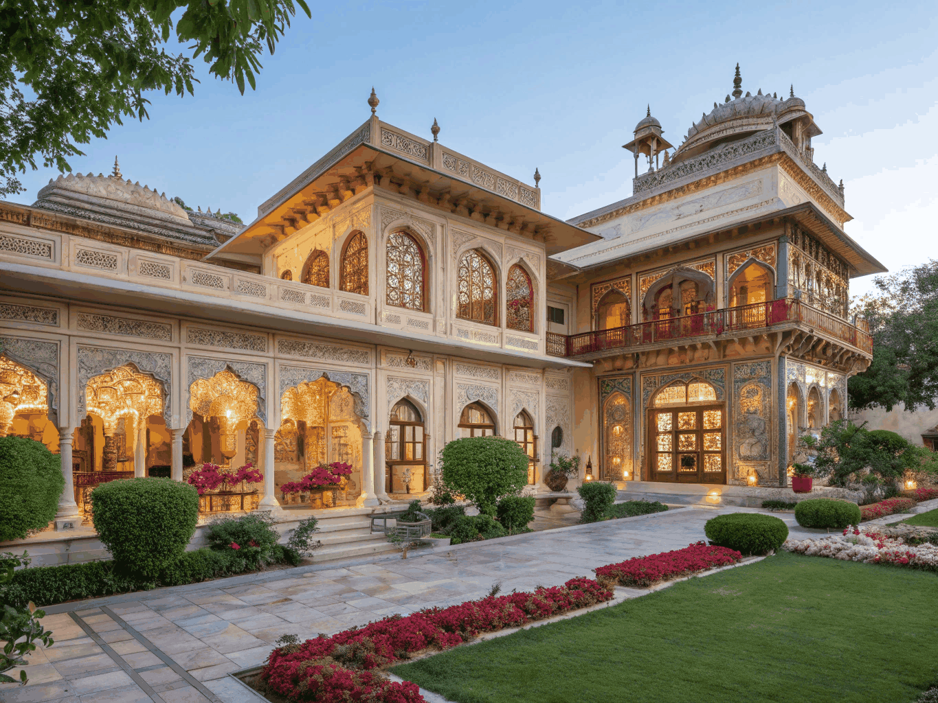 Luxury heritage resort architectural facade and illuminated courtyard