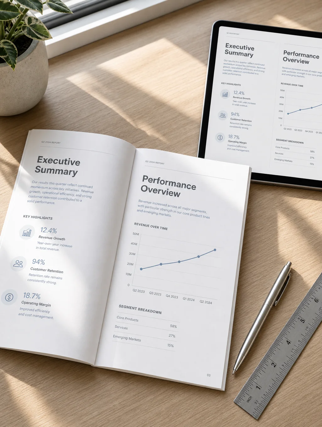 Revenue performance report showing growth trends