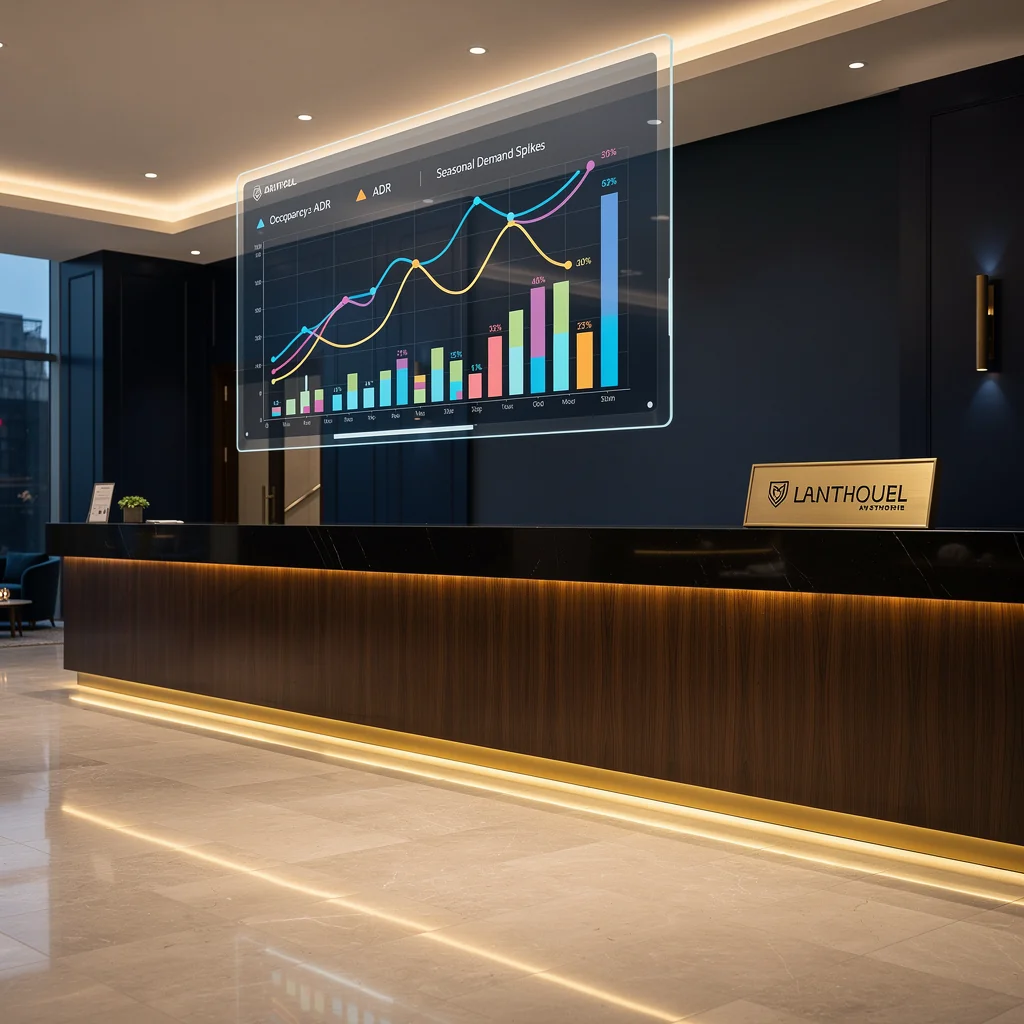 post 2026 hotel tech trends revenue managers should actually adopt Modern hotel lobby with a sleek digital dashboard overlay showing AI‑driven pricing graphs, guest messaging icons, and a speedometer representing rapid operational decisions; deep navy blue background with gold accent lines to match HotelRevBaBa branding.