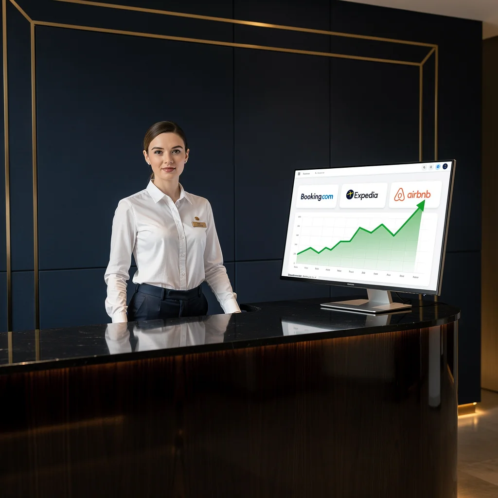 post pms pitfalls that quietly cost hotels revenue A sleek hotel front desk with a laptop displaying a PMS dashboard, overlayed with red warning icons highlighting integration, reporting, fee, and rate‑management issues; deep navy blue background with gold accent lines for a premium consulting feel.