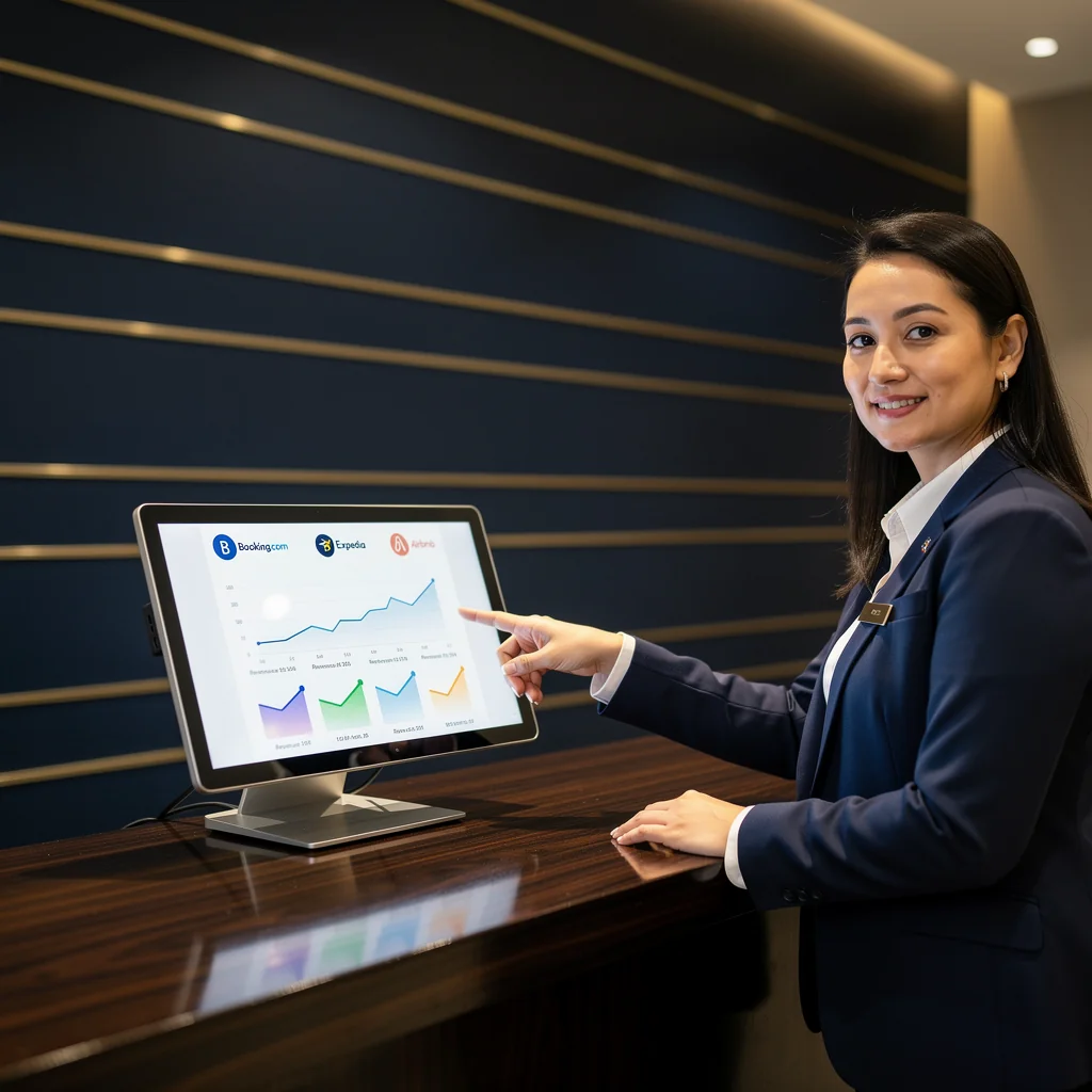 post why hotels are optimizing revenue and losing profit Professional photo of a hotel revenue dashboard on a laptop screen, overlayed with graphs showing RevPAR rising while GOPPAR declines, with a consultant (Sunil Singh) pointing at the data; deep navy blue background, crisp white accents, and subtle gold highlights to match HotelRevBaBa branding.